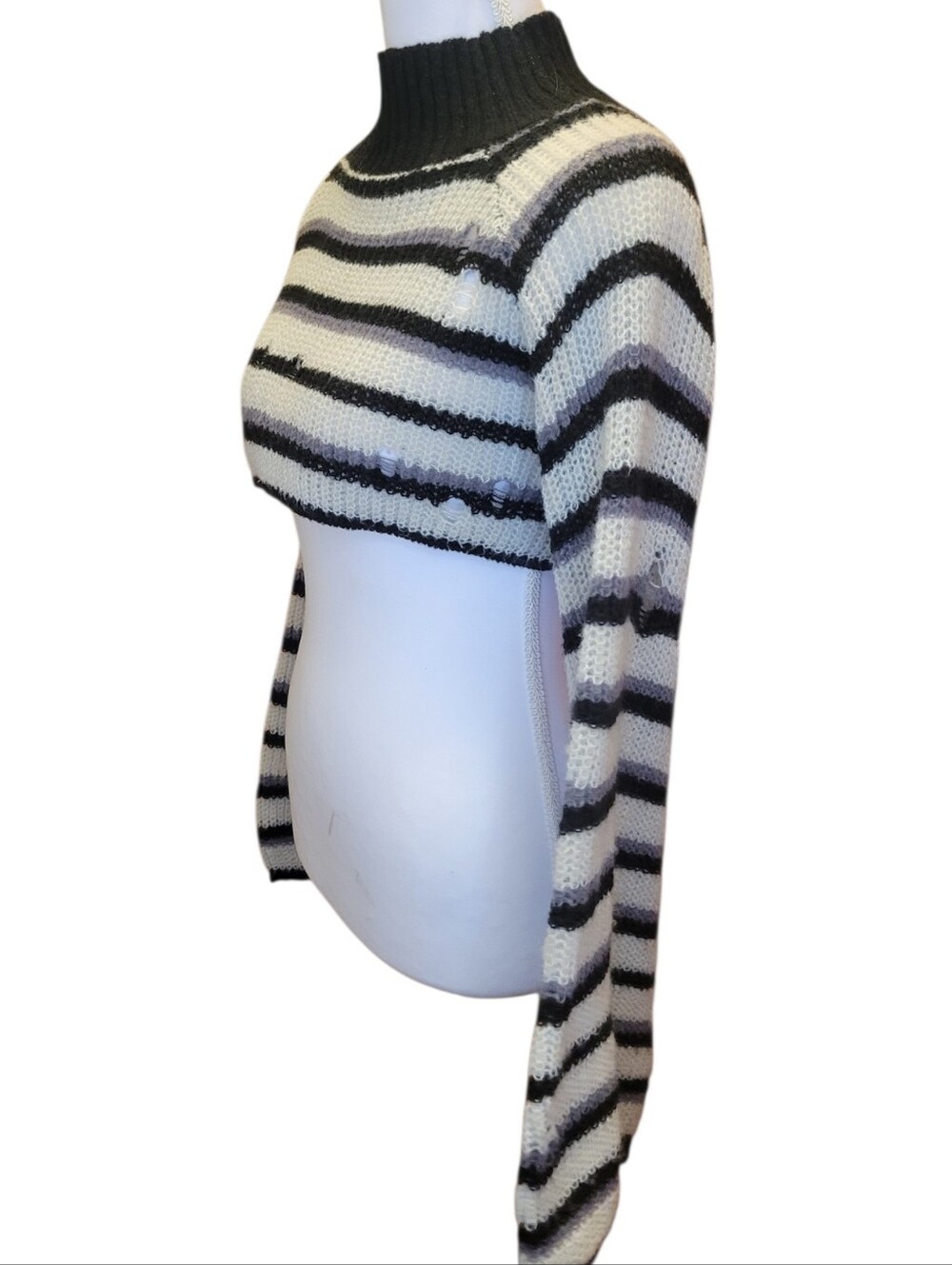 Distressed Grunge Striped Mock Neck Cropped Sweater - Picture 4 of 7